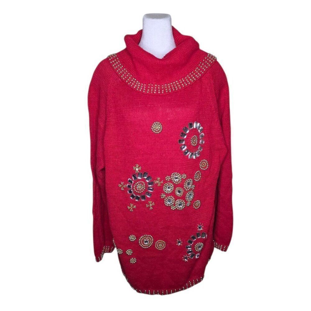Vintage 80s Sweater Dress Cowl Neck Embellished Womens Size L Red